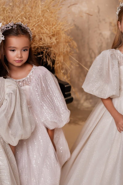 Pentelei Couture Short Puff Sleeve Flower Girl Midi Dress - Wedding & Communion
