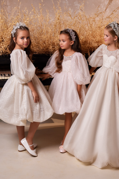 Pentelei Couture Short Puff Sleeve Flower Girl Midi Dress - Wedding & Communion
