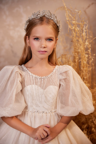 Pentelei Couture Puff Sleeve Flower Girl & Pageant Gown