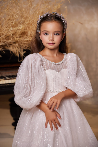 Pentelei Couture Puff Sleeve Flower Girl & Pageant Gown