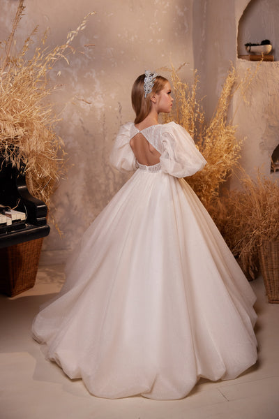 Pentelei Couture Short Puff Sleeve Flower Girl Midi Dress - Wedding & Communion