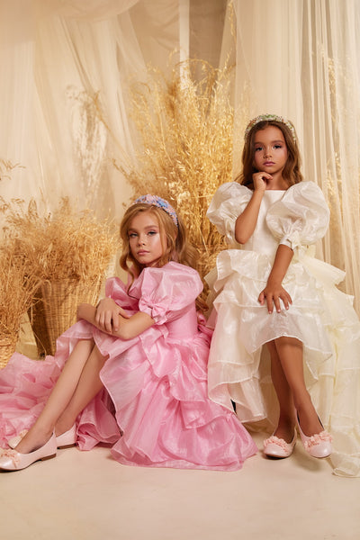 Elegant Pink Ruffled Hi-Low Dress | Pentelei Couture | Girls Pageant