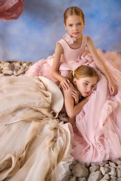 Pentelei Couture Sheer Tulle & Satin Flower Girl Dress - Elegant Formal Attire