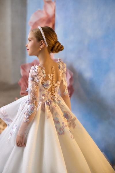 Pentelei Couture Flower Girl Wedding Gown with Floral Embroidery