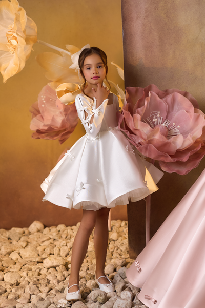 Pentelei Couture Satin Long-Sleeve Short Dress with Bow Accents