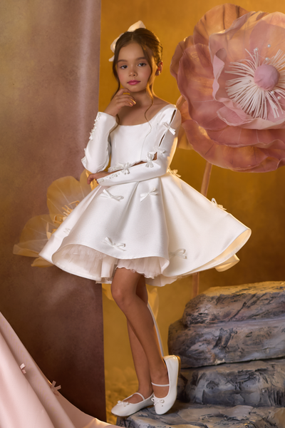 Pentelei Couture Satin Long-Sleeve Short Dress with Bow Accents