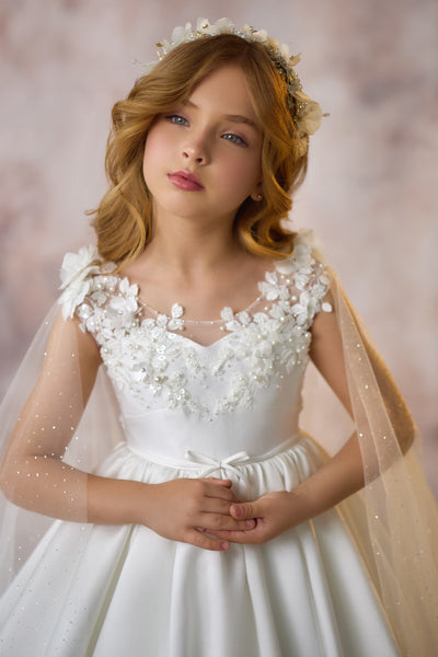 Ivory Floral Embellished Communion Gown with Cap Sleeves | Pentelei Couture