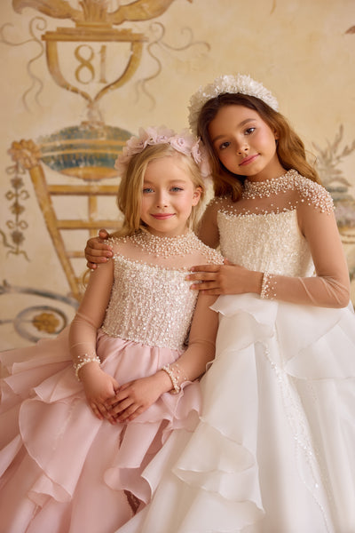 Pentelei Couture Pearl Embellished Girls Gown | Full-Length Flower Girl Dress