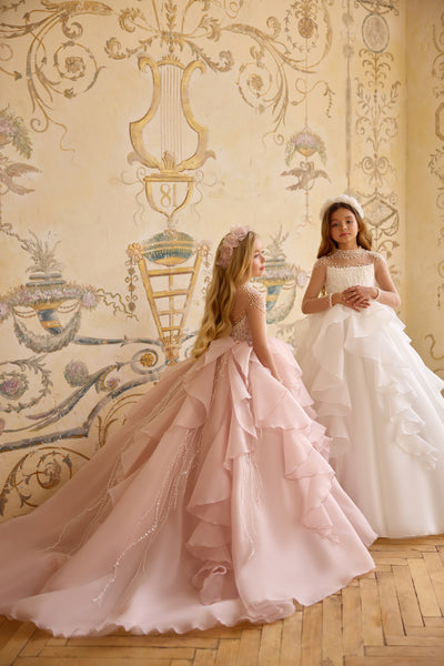Pentelei Couture Pearl Embellished Girls Gown | Full-Length Flower Girl Dress