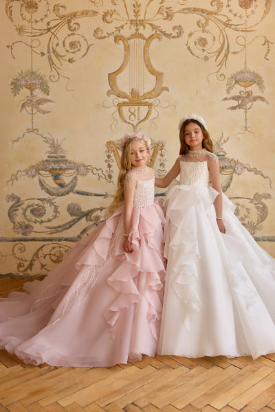 Pentelei Couture Pearl Embellished Girls Gown | Full-Length Flower Girl Dress