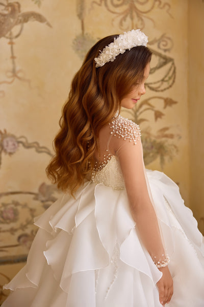 Pentelei Couture Pearl Embellished Girls Gown | Full-Length Flower Girl Dress