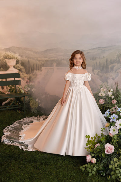 Pentelei Couture Satin First Communion Dress with Train