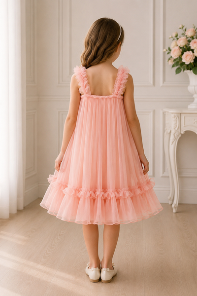 Girls Chiffon Party Dress Ruffle Strap Knee Length