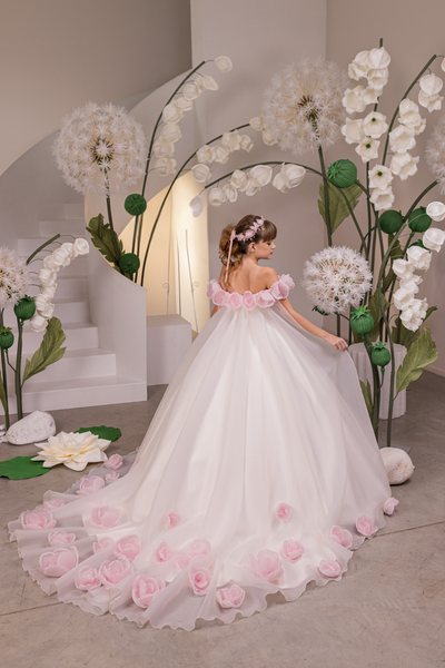 Girls Ivory Pink Couture Pageant Gown with Cape Train | Blush Kids