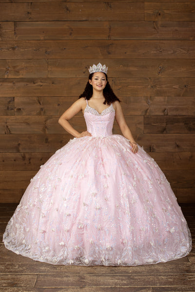 Elowen Sage Green Quinceañera Gown – Floral Ballgown with Train