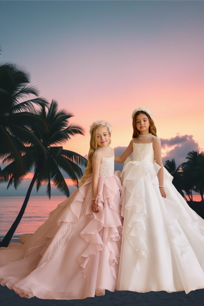 Pentelei Couture Pearl Embellished Girls Gown | Full-Length Flower Girl Dress