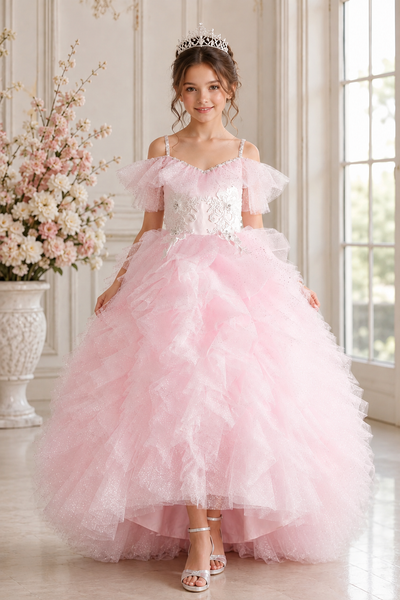 Pink Ruffle Tulle Girls Pageant Ball Gown Dress