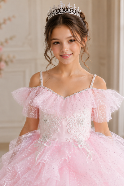 Pink Ruffle Tulle Girls Pageant Ball Gown Dress