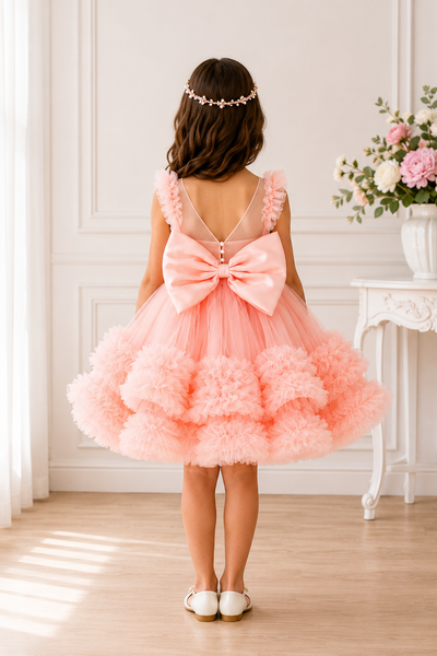 Girls Pearl Beaded Party Dress Tulle Ruffle Skirt