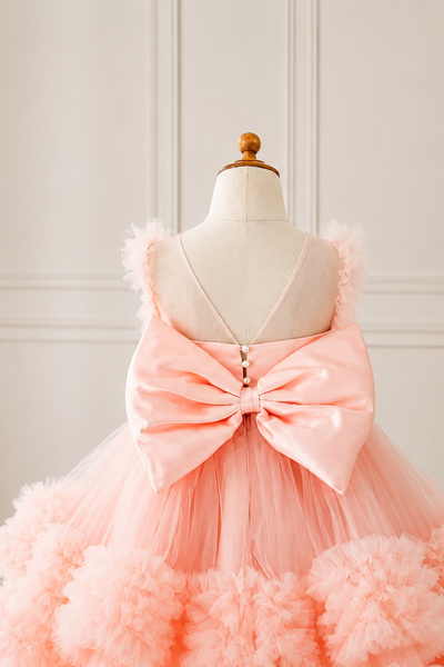 Girls Pearl Beaded Party Dress Tulle Ruffle Skirt