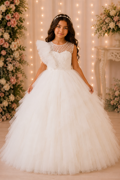 Ivory Ruffle Tulle Ball Gown Flower Girl Dress