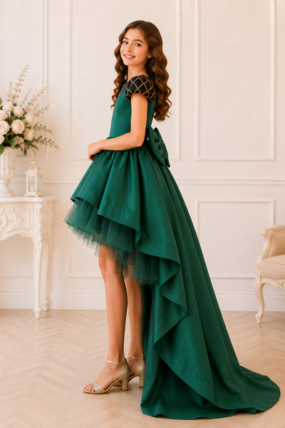 Emerald Couture High Low Pageant Gown with Train