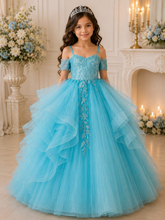 Blue Lace Tulle Ball Gown Girls Pageant Dress
