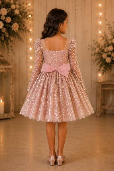 Girls Beaded Dress Long Sleeve Knee Length Party