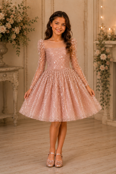 Girls Beaded Dress Long Sleeve Knee Length Party