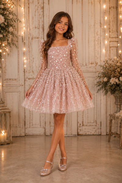Girls Beaded Dress Long Sleeve Knee Length Party