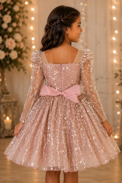 Girls Beaded Dress Long Sleeve Knee Length Party