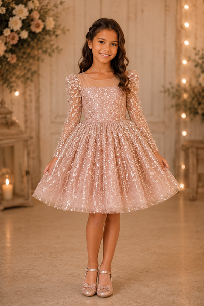 Girls Beaded Dress Long Sleeve Knee Length Party