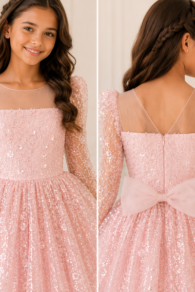 Pink Girls Party Dress Long Sleeve Sequin Tulle