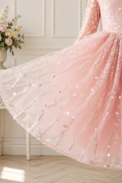 Pink Girls Party Dress Long Sleeve Sequin Tulle