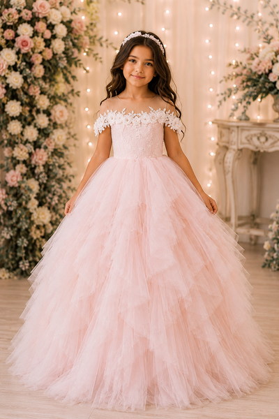 Blush Pink Ruffle Ball Gown Flower Girl Dress