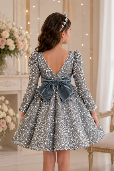 Girls Sequin Party Dress with Velvet Bow | Sparkle Collection