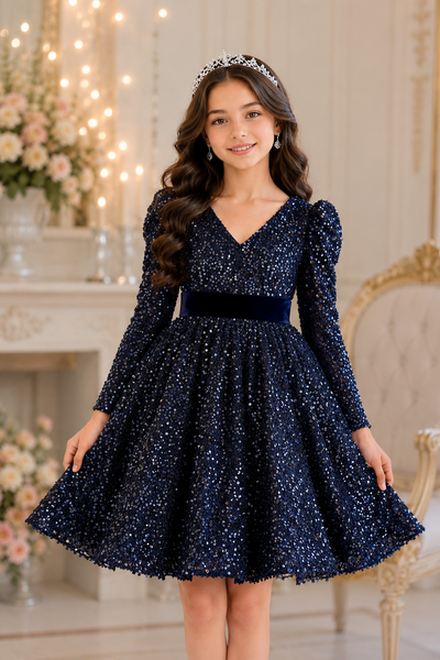 Girls Sequin Party Dress with Velvet Bow | Sparkle Collection