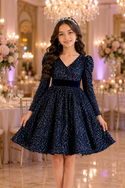 Girls Sequin Party Dress with Velvet Bow | Sparkle Collection