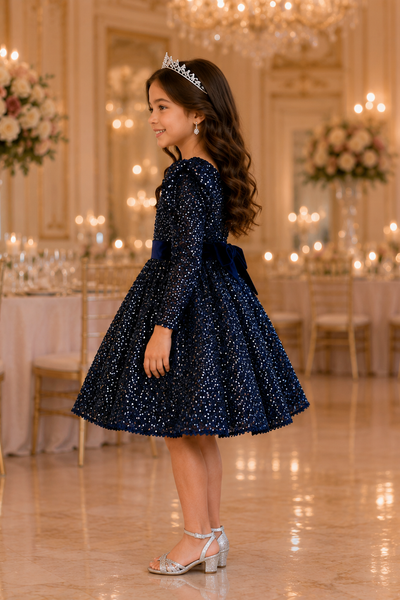 Girls Sequin Party Dress with Velvet Bow | Sparkle Collection