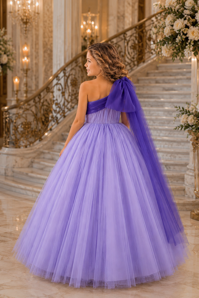 Girls Pageant Dress Tulle Ball Gown One Shoulder