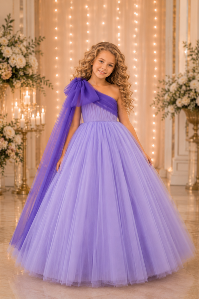 Girls Pageant Dress Tulle Ball Gown One Shoulder
