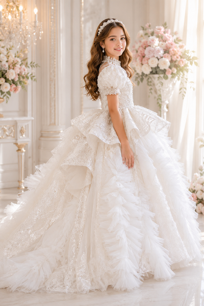 Luxury White Couture Ball Gown with Feather Train