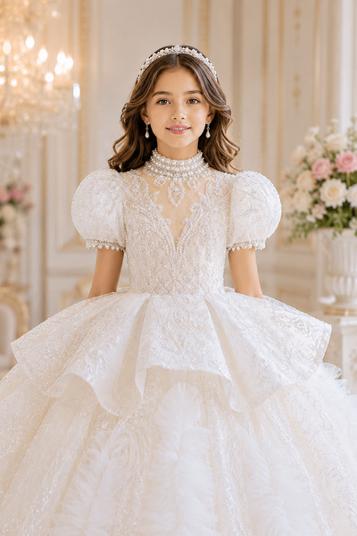 Luxury White Couture Ball Gown with Feather Train