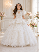 Luxury White Couture Ball Gown with Feather Train