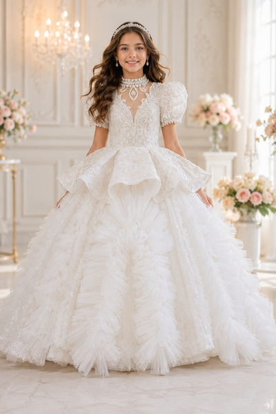 Luxury White Couture Ball Gown with Feather Train