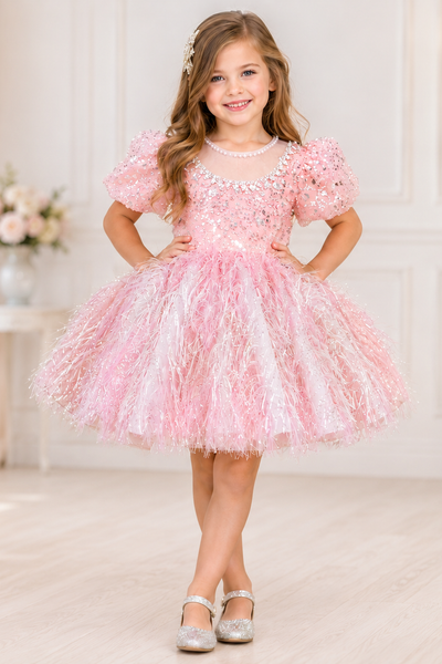 Girls Pink Feather Tulle Party Dress | Sparkle Couture