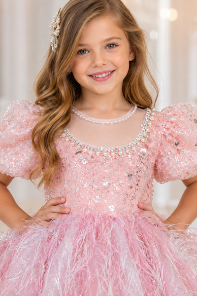 Girls Pink Feather Tulle Party Dress | Sparkle Couture