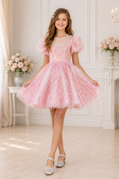 Girls Pink Feather Tulle Party Dress | Sparkle Couture