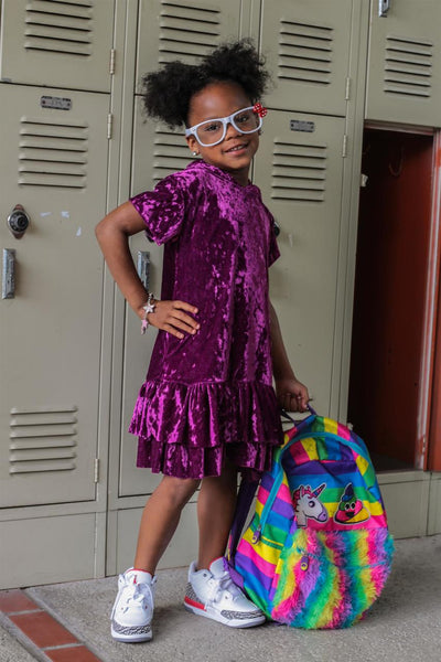 Kids Velvet Ruffled Party Dress With Hood - Eggplant
