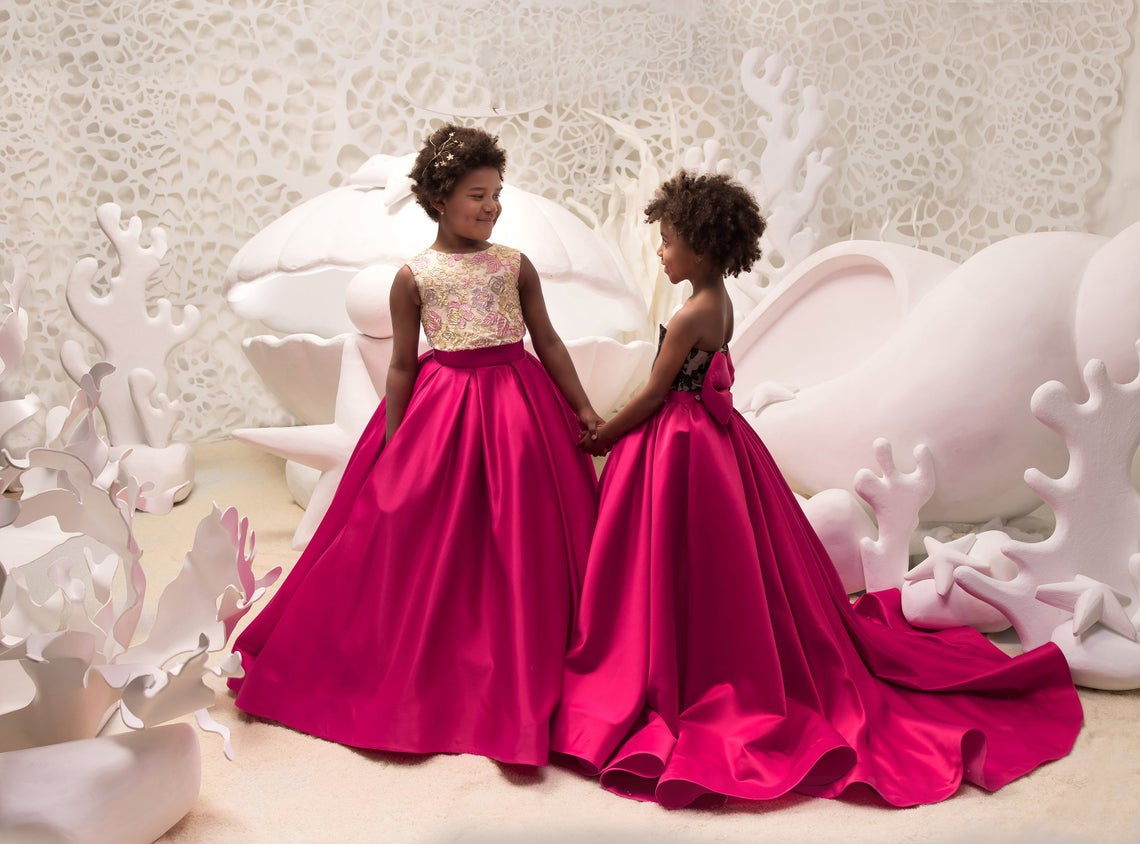 Junior Satin Pageant Gown Special Occasion Fuchsia Flower Girl Dress